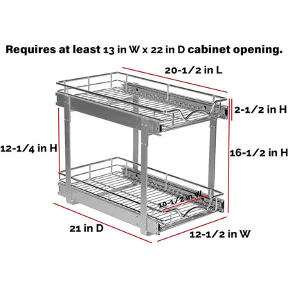 Hold N Storage Pull Out Cabinet Organizer 2 Tier  Heavy Duty Metal with Lifetime Limited Warranty - Anti Rust Chrome Finish