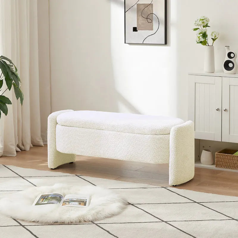 Ottoman 3D Lamb Fleece Fabric Storage Bench w/ Large Storage Space