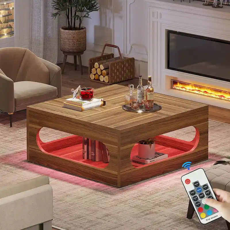 43-Inch Squre Coffee Table with LED Light, 2-tier Wood Cocktail Center Table with Storage for Living Room, Home Office