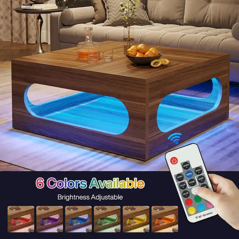 43-Inch Squre Coffee Table with LED Light, 2-tier Wood Cocktail Center Table with Storage for Living Room, Home Office