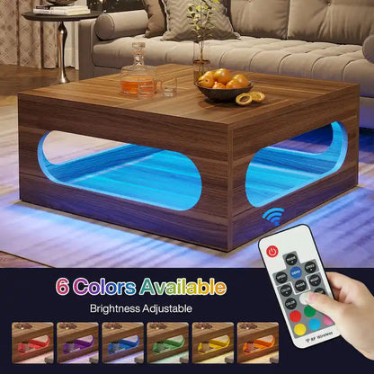 43-Inch Squre Coffee Table with LED Light, 2-tier Wood Cocktail Center Table with Storage for Living Room, Home Office