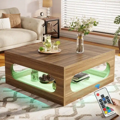 43-Inch Squre Coffee Table with LED Light, 2-tier Wood Cocktail Center Table with Storage for Living Room, Home Office