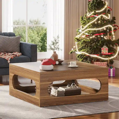 43-Inch Squre Coffee Table with LED Light, 2-tier Wood Cocktail Center Table with Storage for Living Room, Home Office