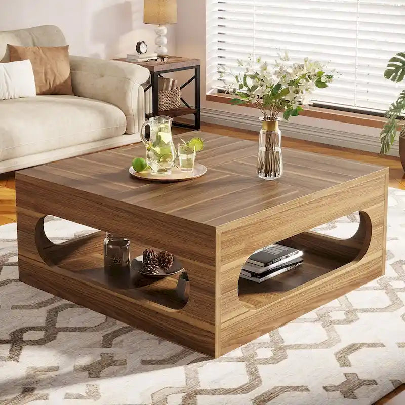 43-Inch Squre Coffee Table with LED Light, 2-tier Wood Cocktail Center Table with Storage for Living Room, Home Office