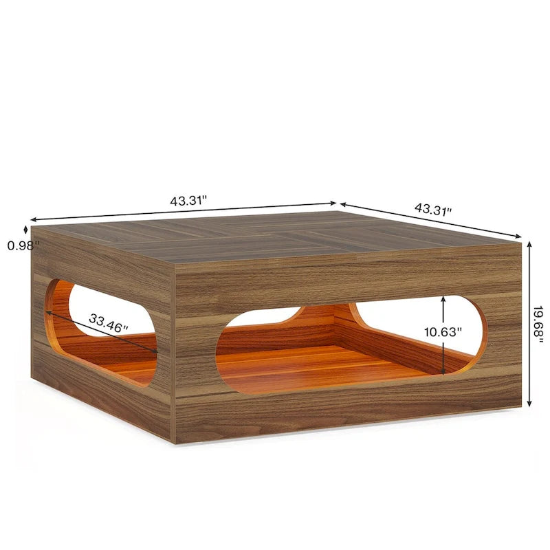 43-Inch Squre Coffee Table with LED Light, 2-tier Wood Cocktail Center Table with Storage for Living Room, Home Office