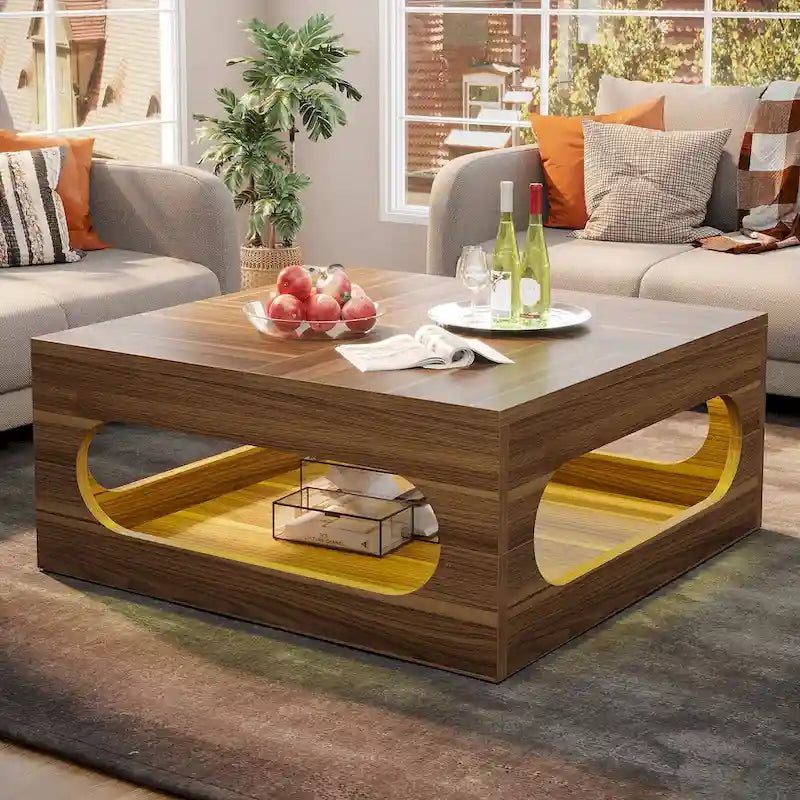 43-Inch Squre Coffee Table with LED Light, 2-tier Wood Cocktail Center Table with Storage for Living Room, Home Office