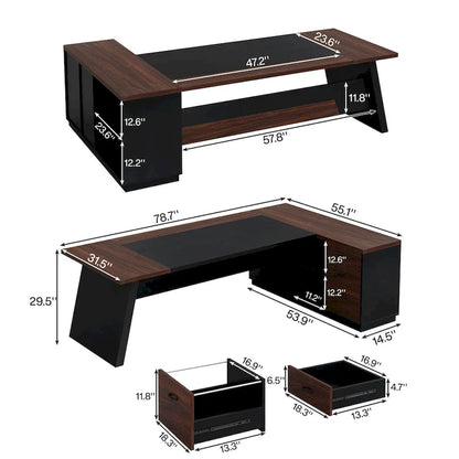 78.7-Inch L-Shaped Executive Desk Computer Desk with File Cabinet