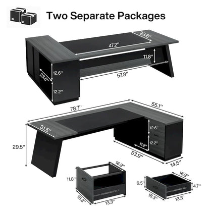 78.7-Inch L-Shaped Executive Desk Computer Desk with File Cabinet