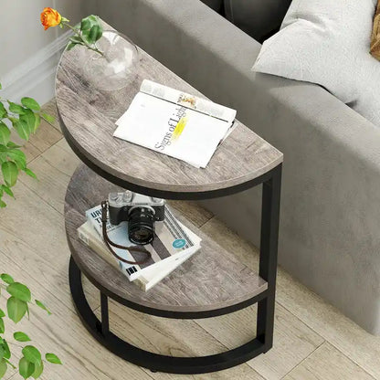 2-Tier Half Round End Table with Storage for Sofa, Living Room