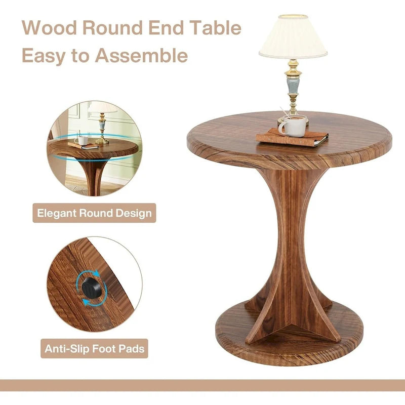 Round End Side Table for Living Room, Wood Small Sofa Chair Side Table, Easy Assembly
