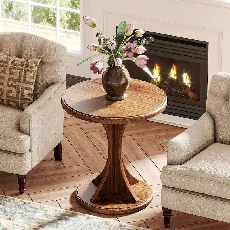 Round End Side Table for Living Room, Wood Small Sofa Chair Side Table, Easy Assembly