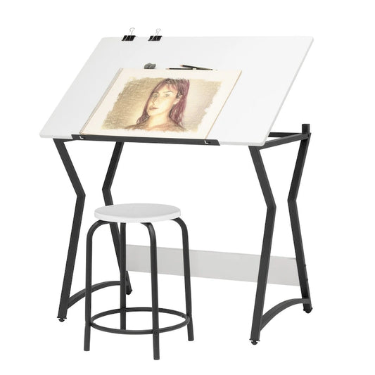 Hourglass 2 Pc. Craft Set Black/White Metal Drafting Table with Angle Adjustable Top and Stool