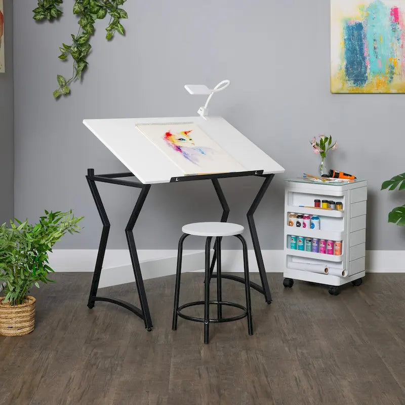Hourglass 2 Pc. Craft Set Black/White Metal Drafting Table with Angle Adjustable Top and Stool