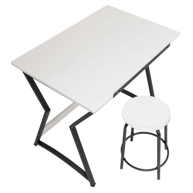 Hourglass 2 Pc. Craft Set Black/White Metal Drafting Table with Angle Adjustable Top and Stool