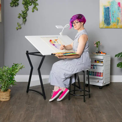 Hourglass 2 Pc. Craft Set Black/White Metal Drafting Table with Angle Adjustable Top and Stool