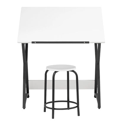 Hourglass 2 Pc. Craft Set Black/White Metal Drafting Table with Angle Adjustable Top and Stool