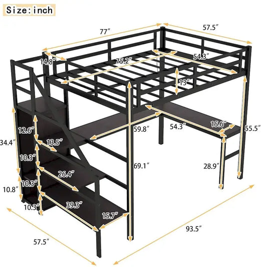 Metal Loft Bed with L-Shaped Desk and USB