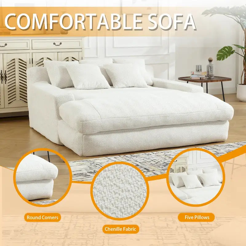 Chenille Upholstered 2-seater Deep Seat lazy sofa bed With 5 back pillows