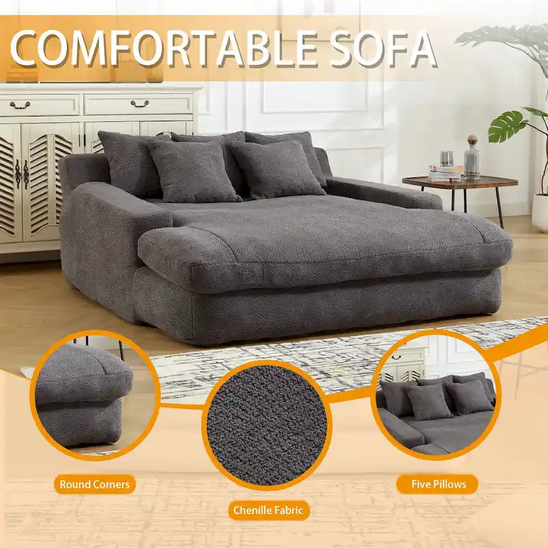 Chenille Upholstered 2-seater Deep Seat lazy sofa bed With 5 back pillows