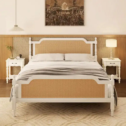 Traditional Style Rattan Queen Size Bed Frame,No Box Spring Needed