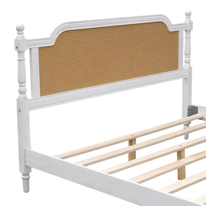 Traditional Style Rattan Queen Size Bed Frame,No Box Spring Needed