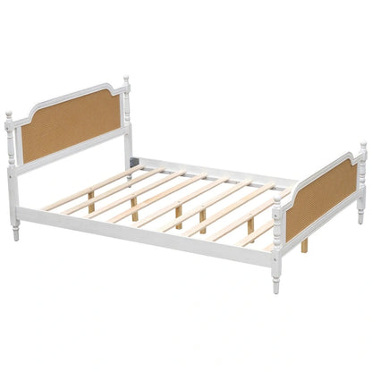 Traditional Style Rattan Queen Size Bed Frame,No Box Spring Needed