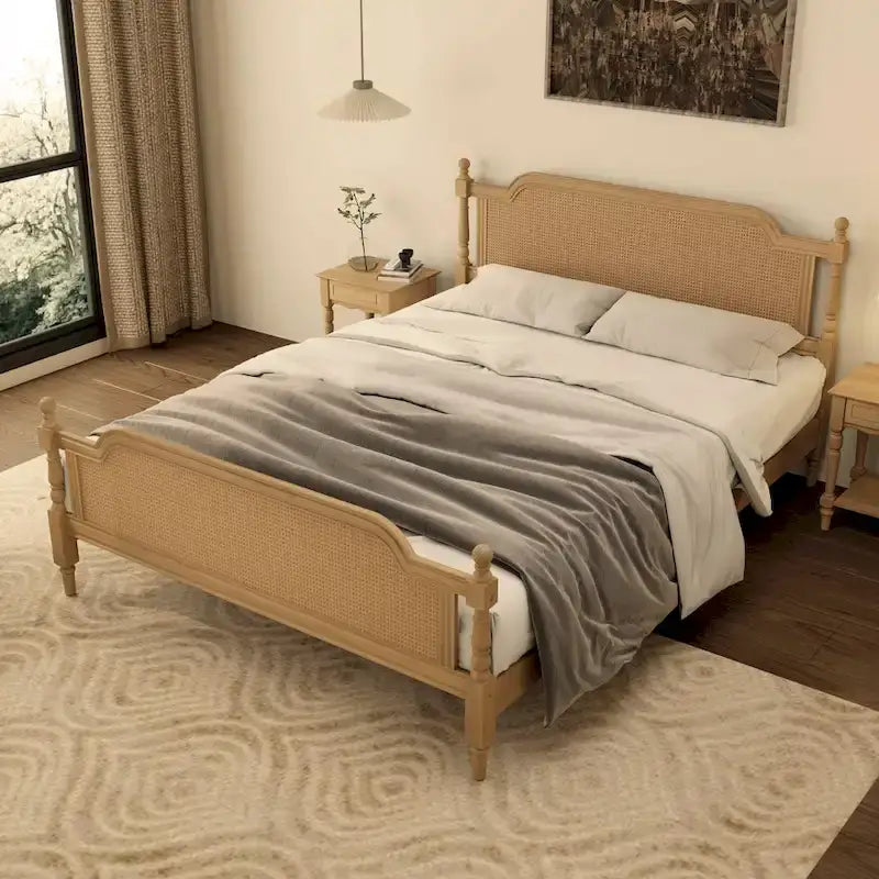 Traditional Style Rattan Queen Size Bed Frame,No Box Spring Needed