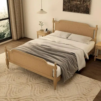 Traditional Style Rattan Queen Size Bed Frame,No Box Spring Needed