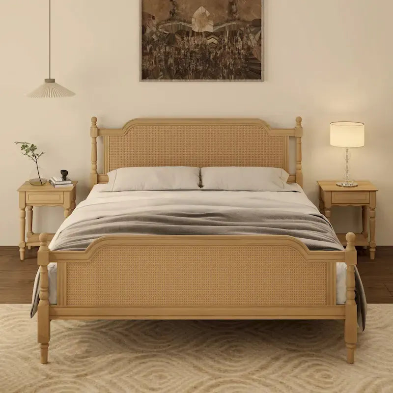 Traditional Style Rattan Queen Size Bed Frame,No Box Spring Needed