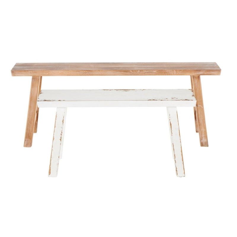 Wood Slim Distressed Home Bench with Smaller White Bench - Set of 2 Brown - Roche River Decor