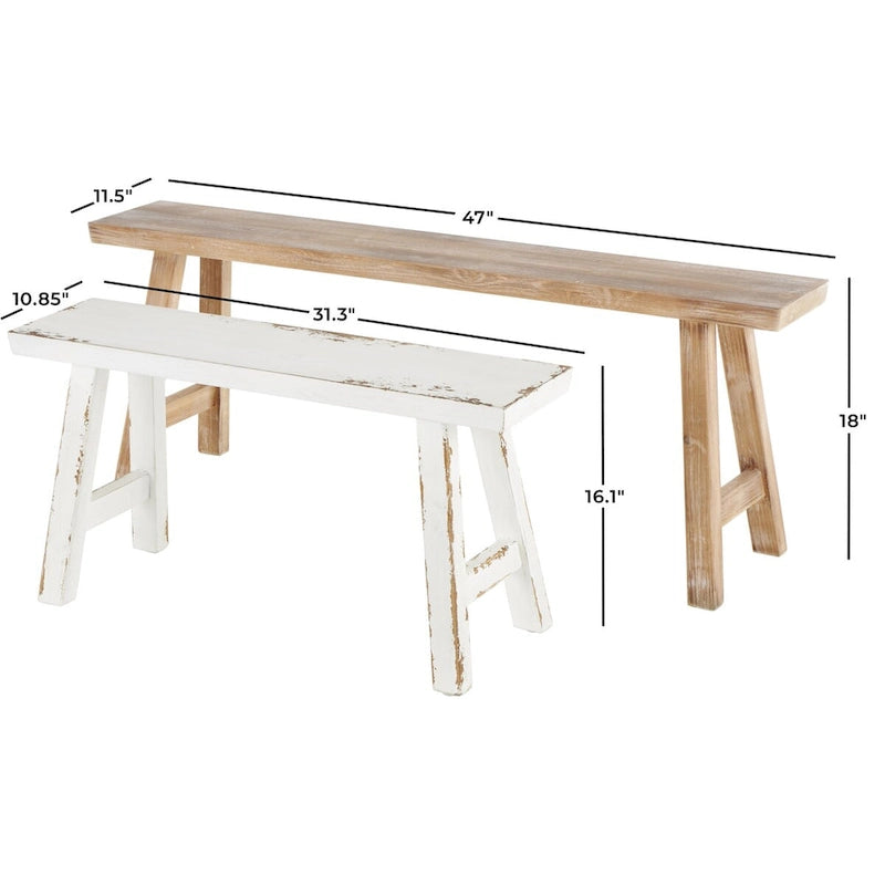 Wood Slim Distressed Home Bench with Smaller White Bench - Set of 2 Brown - Roche River Decor